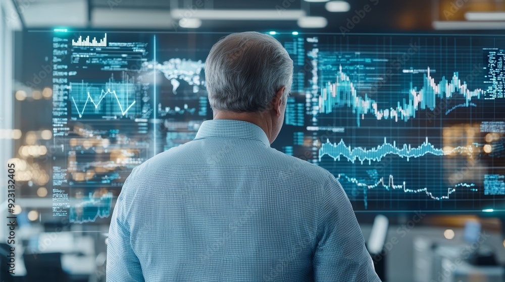 Businessman analyzes financial data on a digital screen, showcasing graphs and charts for strategic decision-making. Businessman analyzes financial data on a digital screen, showcasing graphs and charts for strategic decision-making.