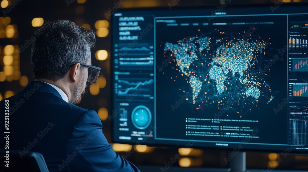 Businessman analyzing data on a large screen in a modern office. High-tech world map visualization with digital graphs. Businessman analyzing data on a large screen in a modern office. High-tech world map visualization with digital graphs.