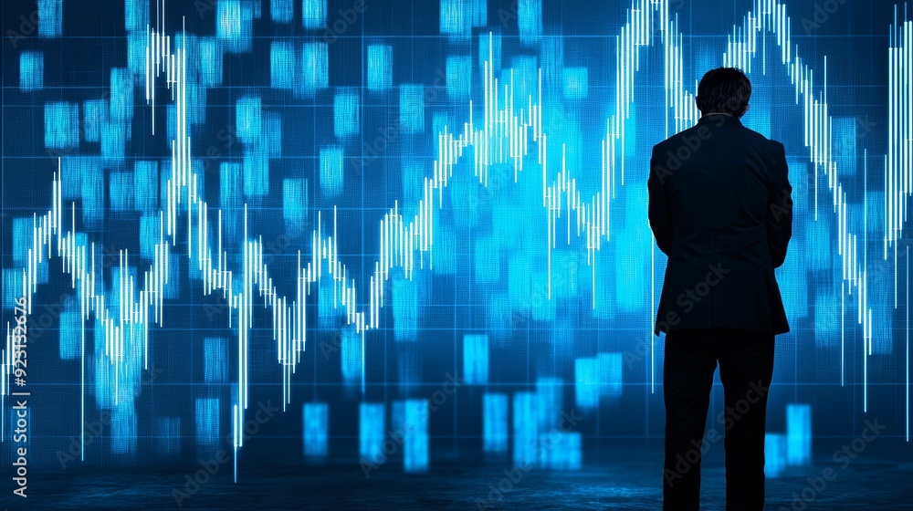 Businessman analyzing data trends on a digital screen, symbolizing finance and investment insights with blue graph visuals. Businessman analyzing data trends on a digital screen, symbolizing finance and investment insights with blue graph visuals.