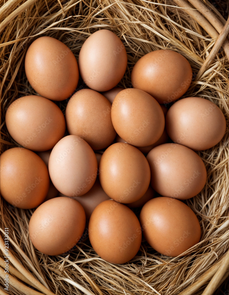 Pile of raw brown chicken eggs in straw Pile of raw brown chicken eggs in straw