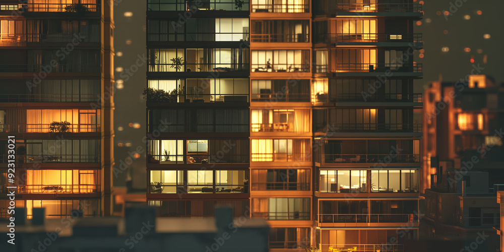 Urban Apartment Building at Night with Illuminated Windows and Warm Lighting Urban Apartment Building at Night with Illuminated Windows and Warm Lighting