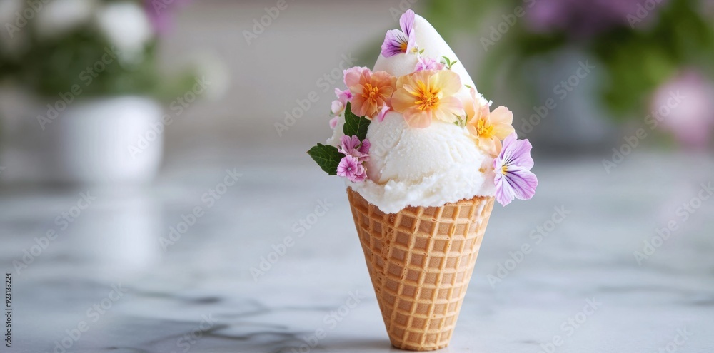 A homemade ice cream cone adorned with edible flowers is elegantly presented on a marble countertop. A homemade ice cream cone adorned with edible flowers is elegantly presented on a marble countertop.