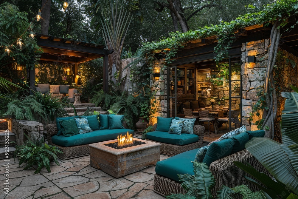 Obraz premium Rustic Outdoor Living Space with Stone Walls, Wicker Seating and Teal Cushions, Firepit Lighting
