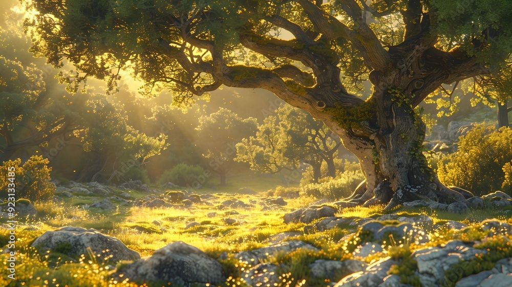 Serene yet Mysterious Atmosphere in a Fantasy Landscape that Invites Adventurers into Its Enchanted, Untouched Wilderness Serene yet Mysterious Atmosphere in a Fantasy Landscape that Invites Adventurers into Its Enchanted, Untouched Wilderness