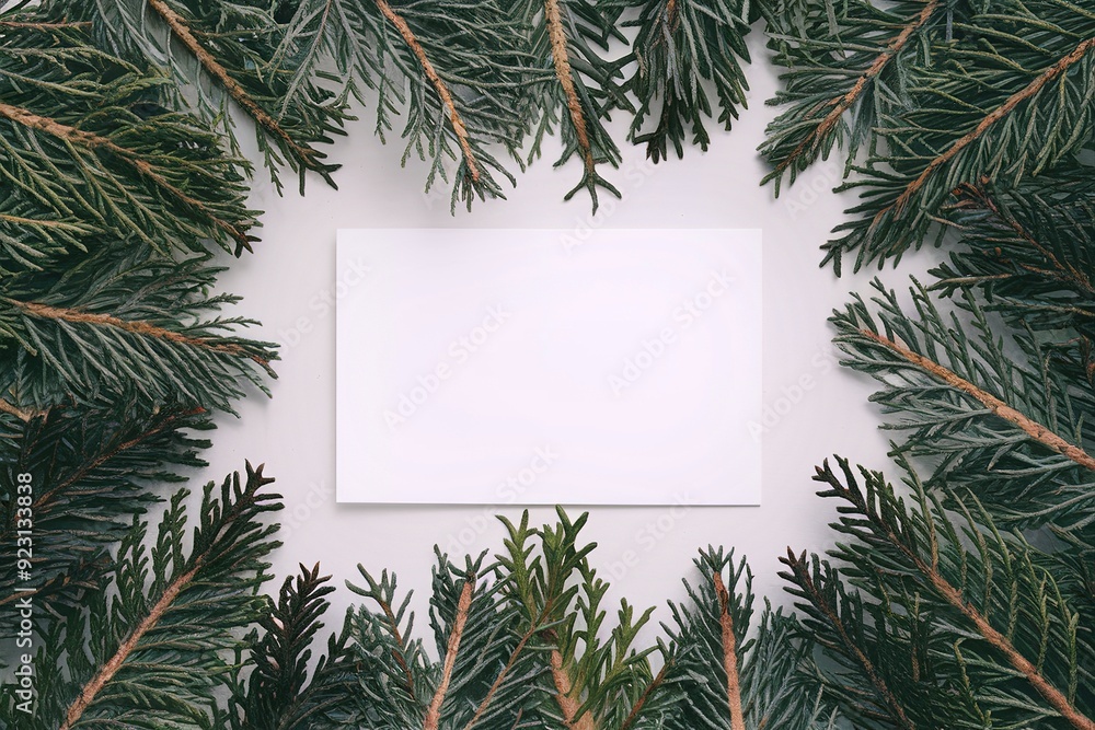 Frame of evergreen pine fronds around a blank central white card Frame of evergreen pine fronds around a blank central white card