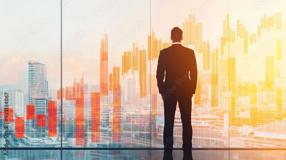 Businessman stands before a modern city skyline, contemplating financial growth and market trends, with vibrant graphic data displayed. Businessman stands before a modern city skyline, contemplating financial growth and market trends, with vibrant graphic data displayed.