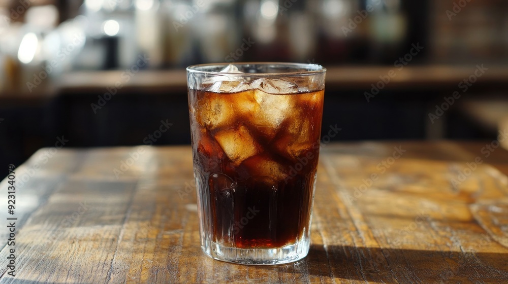 Iced Coffee in a Glass on a Wooden Table Iced Coffee in a Glass on a Wooden Table