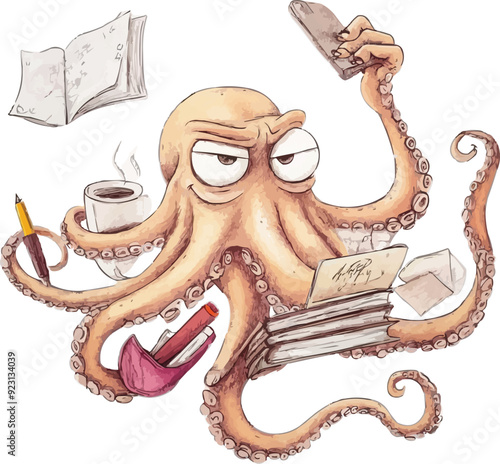  a tired-looking octopus with eight arms, multitasking and handling various tasks at once watercolor illustration