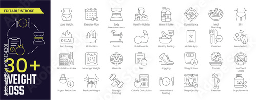 Weight Loss Stroke icon collections. Containing diet, manage weight, calories, healthy eating, cardio, fat burning, meal planning, body measurement and exercise icons. Editable Stroke icon collection 