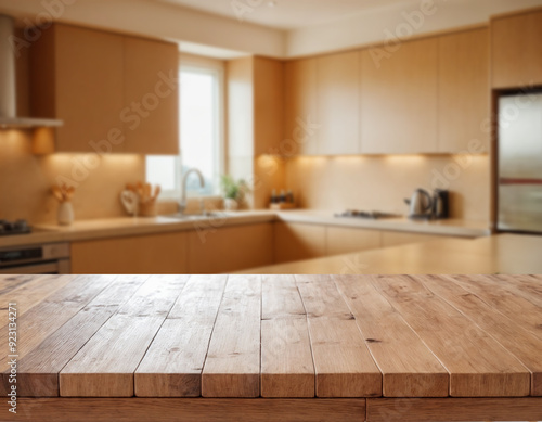 empty wooden table with blurred kitchen furniture as background