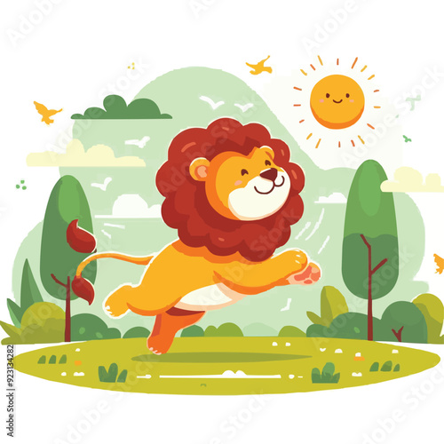 a cute baby lion running happily in park
