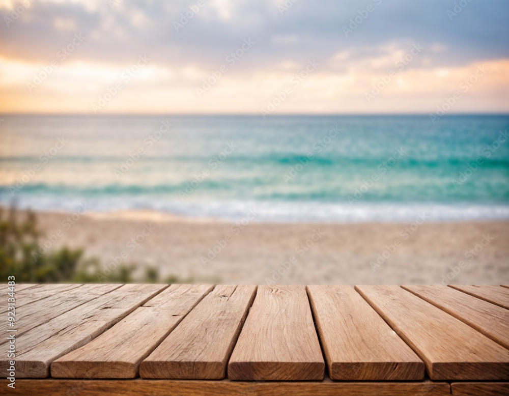 Empty wooden table with blurred beach with coconut trees in the background Empty wooden table with blurred beach with coconut trees in the background