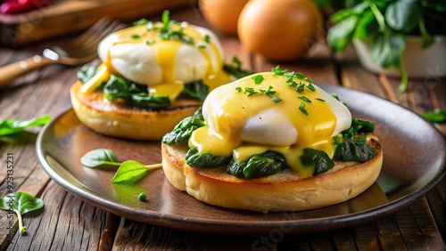 Freshly poached eggs floating on a bed of sautéed spinach, surrounded by toasted English muffins and rich hollandaise sauce, in a warm and inviting breakfast setting. photo