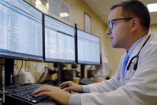 Doctor reviewing patient charts on a hospital computer system, digital healthcare, efficiency