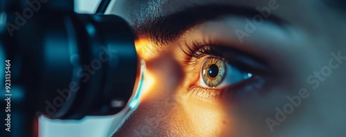 Doctor using an ophthalmoscope to examine a patient s eyes, detailed eye care