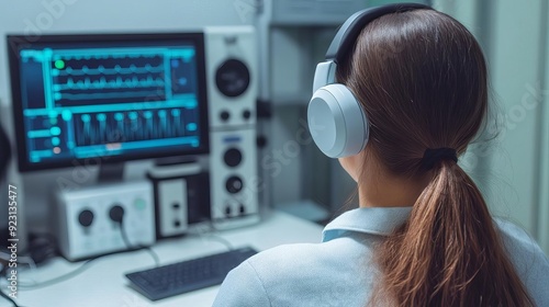 Doctor using an audiometer to conduct a hearing test, auditory health photo