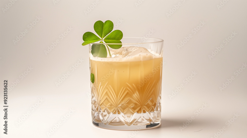 A classic whiskey sour served in a crystal glass, topped with a fresh clover garnish, isolated on a light background A classic whiskey sour served in a crystal glass, topped with a fresh clover garnish, isolated on a light background