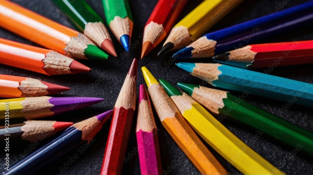 Bright felt pens and pencils at bottom of dark background Bright felt pens and pencils at bottom of dark background