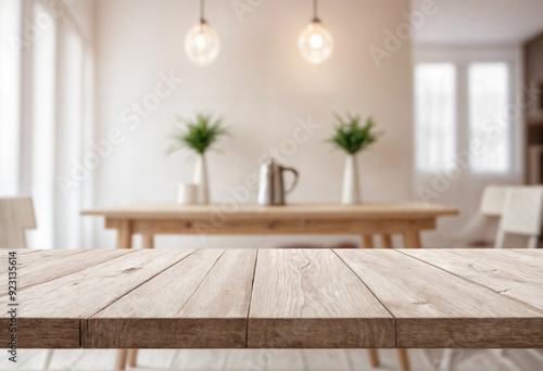 Empty white wooden table with blurred coffe background