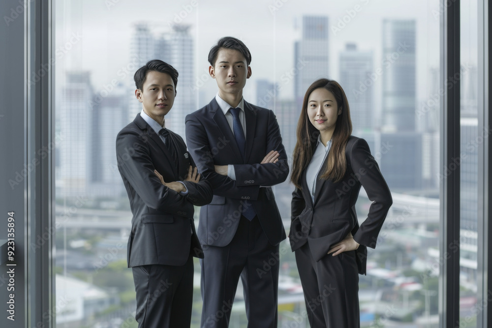 3 person of business group in suits against soft light, office environment 3 person of business group in suits against soft light, office environment