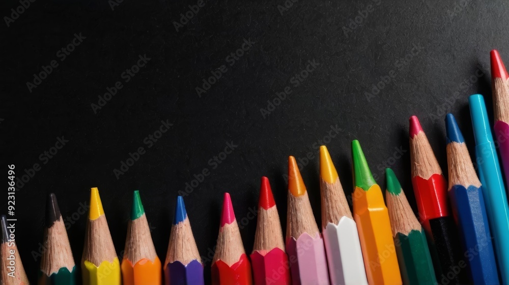 Bright felt pens and pencils at bottom of dark background Bright felt pens and pencils at bottom of dark background