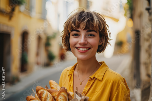 smiling woman holding a basket of croissants in a narrow street photo