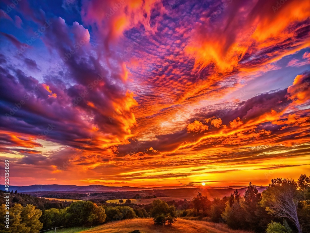Vibrant hues of orange, pink, and purple illuminate the serene sky as the sun dips below the horizon, casting a warm glow over the landscape. Vibrant hues of orange, pink, and purple illuminate the serene sky as the sun dips below the horizon, casting a warm glow over the landscape.