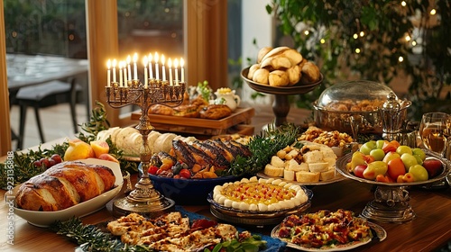 Festive Table Setting with Food, Candles, and Silverware photo