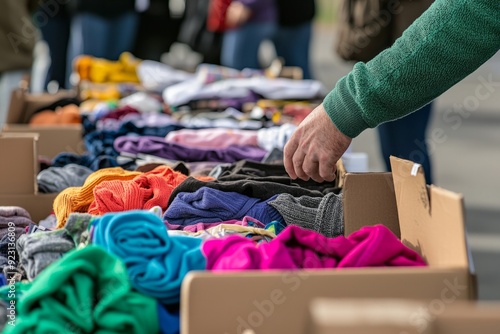 Volunteers organizing a clothing drive for the homeless at a local church, Generative AI 