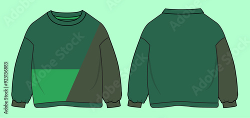 Toddler Boys long sleeve drop shoulder terry fleece colour block crew neck sweatshirt flat sketch outline vector fashion illustration template. 
