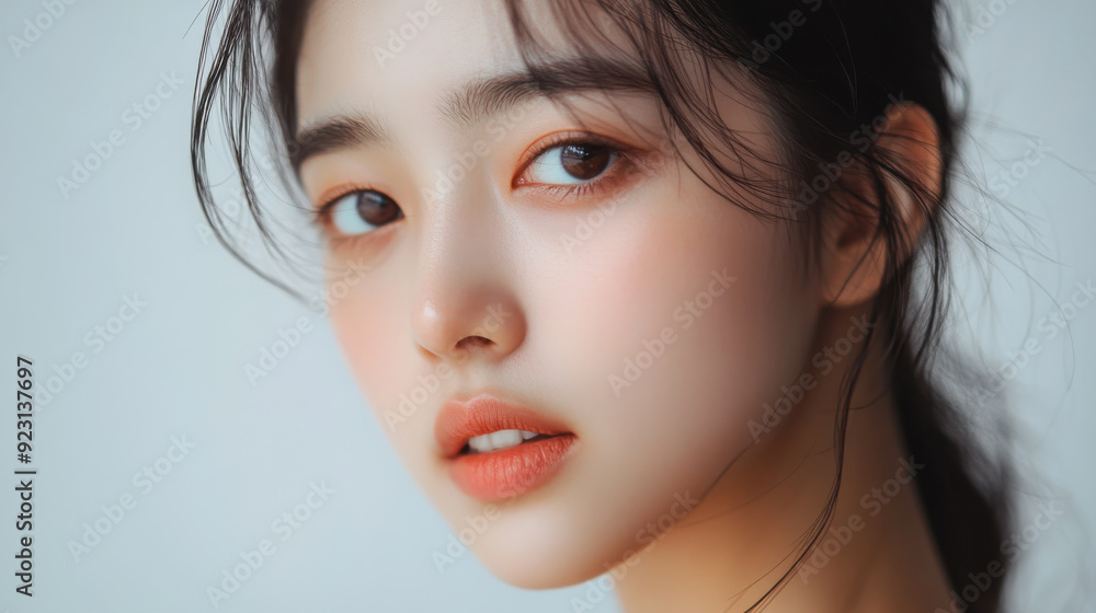 High-resolution photo of a young Korean woman in her twenties with a balanced, symmetrical face and High-resolution photo of a young Korean woman in her twenties with a balanced, symmetrical face and