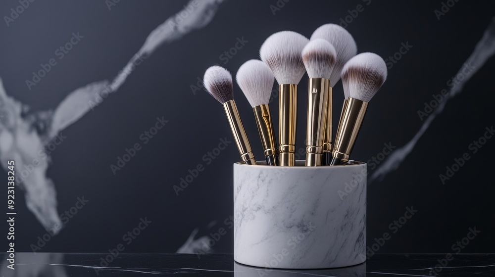Geometric metal brush stand, industrial style with gold accents, holding professional makeup brushes on a sleek black vanity, dramatic lighting Geometric metal brush stand, industrial style with gold accents, holding professional makeup brushes on a sleek black vanity, dramatic lighting