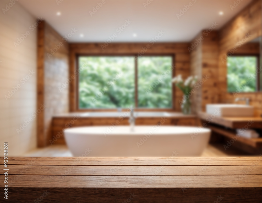 Empty wooden table with blurred bathroom background behind Empty wooden table with blurred bathroom background behind