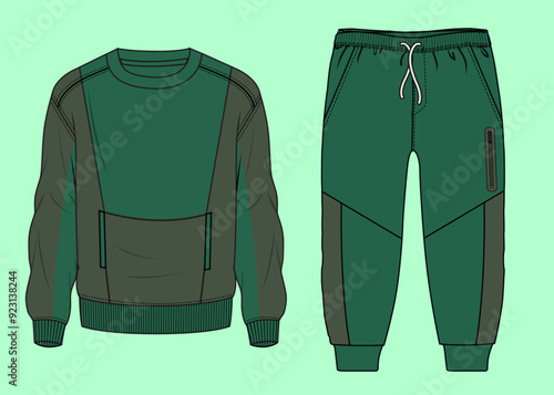 Boys and Men's terry fleece colour block cut and sew winter tracksuit flat sketch outline vector fashion illustration template.