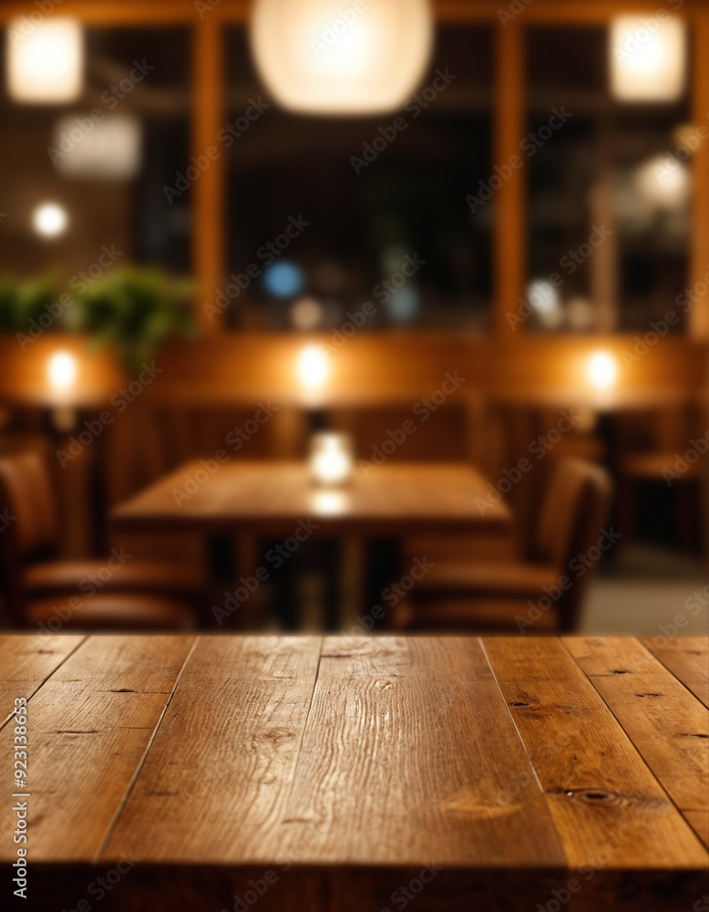 Empty wooden table with blurred restaurant background Empty wooden table with blurred restaurant background
