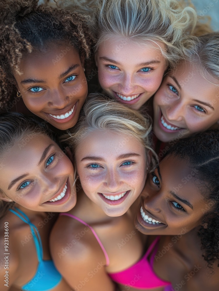 Obraz premium A poster featuring a diverse group of smiling supermodel Caucasian women with various faces and swimwear styles.
