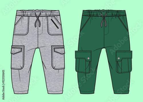 Boys green and grey colour winter cuff jogger flat sketch outline vector fashion illustration template.
