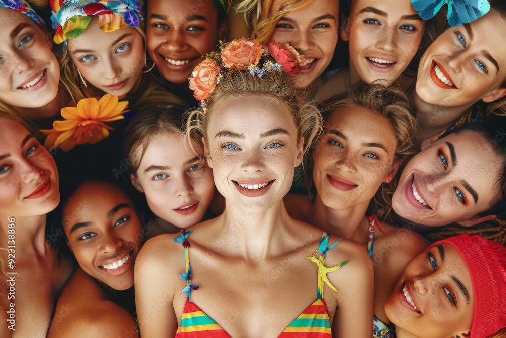 A poster featuring a diverse group of smiling supermodel Caucasian women with various faces and swimwear styles. A poster featuring a diverse group of smiling supermodel Caucasian women with various faces and swimwear styles.