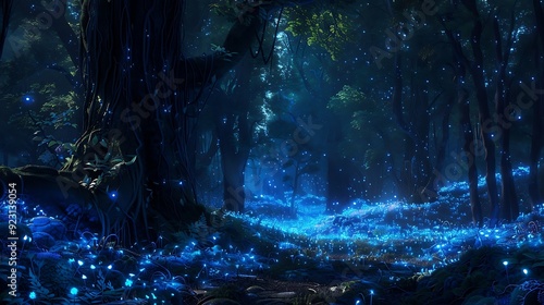 A magical forest glowing with bioluminescent plants
