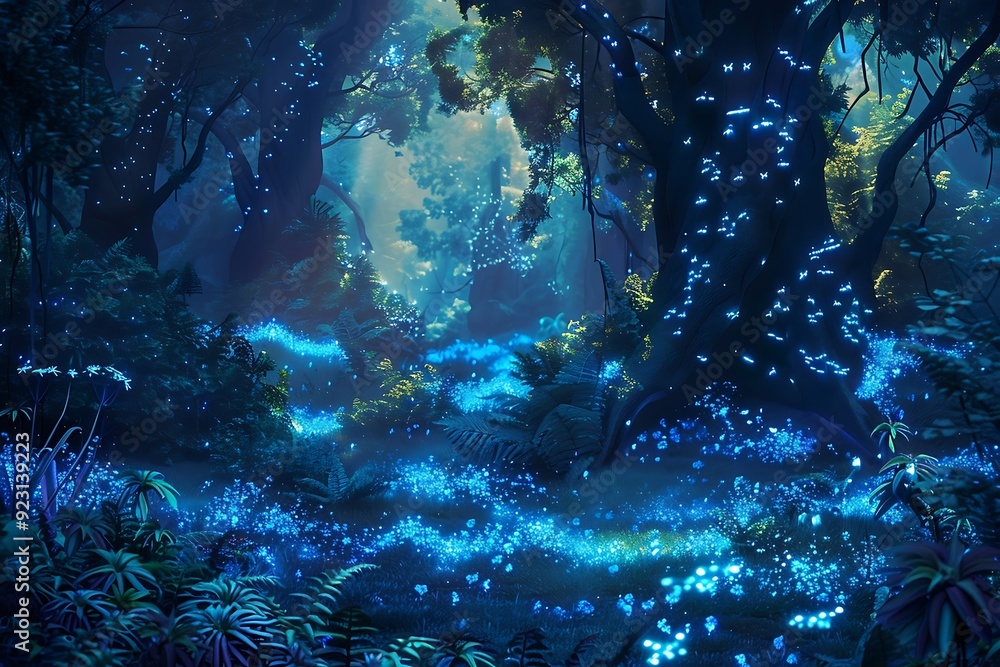 Fototapeta premium A magical forest glowing with bioluminescent plants