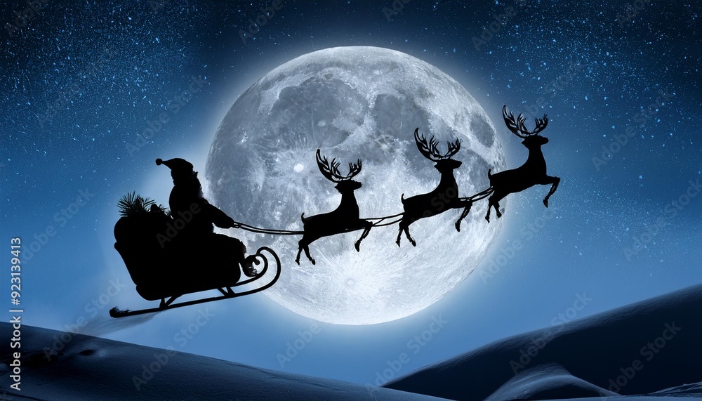 Naklejka premium Silhouette of Santa Claus on the sleigh pulled by reindeer flying in the moonlight