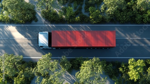 top view of semi truck with container cargo