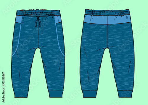 Boys blue colour terry fleece winter cuff jogger flat sketch outline vector fashion illustration template. 