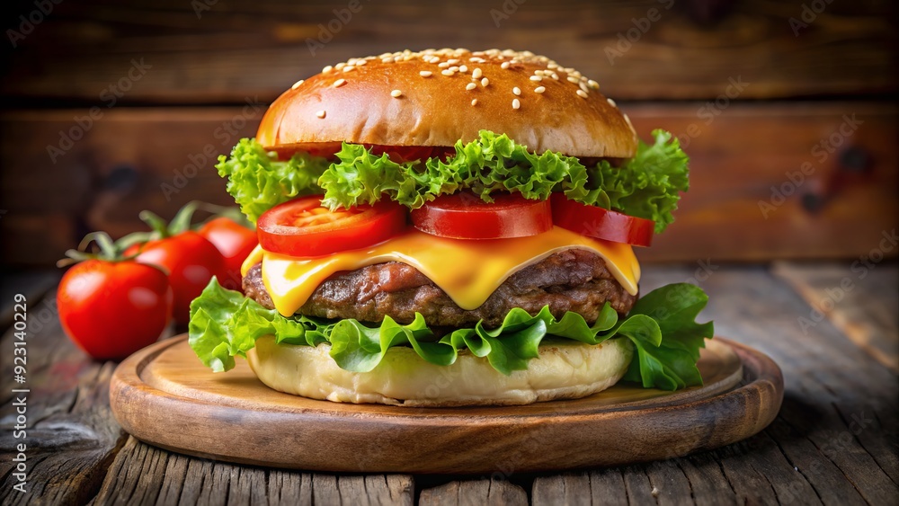 Juicy beef patty, melted cheese, crisp lettuce, and ripe tomato are stacked high on a toasted bun, waiting to satisfy a hungry appetite. Juicy beef patty, melted cheese, crisp lettuce, and ripe tomato are stacked high on a toasted bun, waiting to satisfy a hungry appetite.