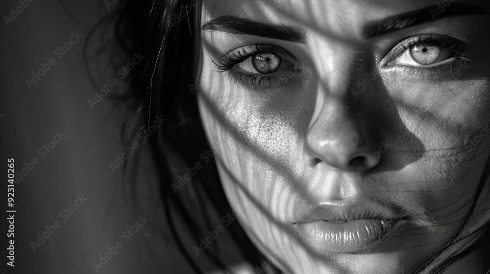 Close-up of a melancholic woman with dramatic shadows, fine art black and white portrait, emotional depth Close-up of a melancholic woman with dramatic shadows, fine art black and white portrait, emotional depth