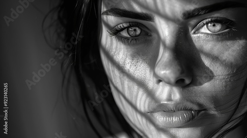 Close-up of a melancholic woman with dramatic shadows, fine art black and white portrait, emotional depth