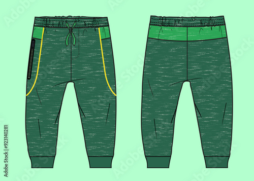 Boys green colour terry fleece winter cuff jogger flat sketch outline vector fashion illustration template. 
