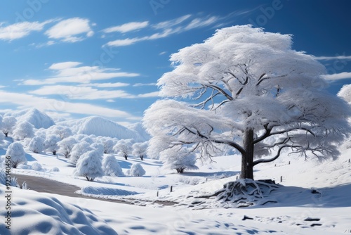 A snow-covered pine tree in a winter landscape photo