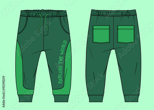 Boys olive and green colour block cut and sew terry fleece winter cuff jogger flat sketch outline vector fashion illustration template.