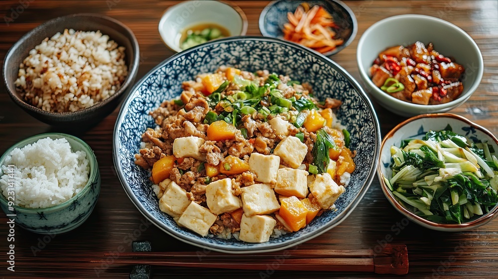 Tofu, Pork, and Pumpkin Stir-Fry with Rice and Side Dishes Tofu, Pork, and Pumpkin Stir-Fry with Rice and Side Dishes